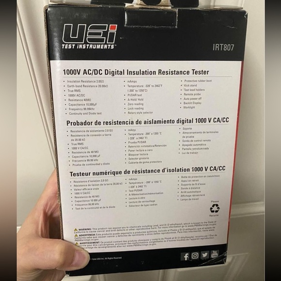 New in Box 1000V AC/DC Advanced Insulation Resistance Tester - Picture 3 of 3